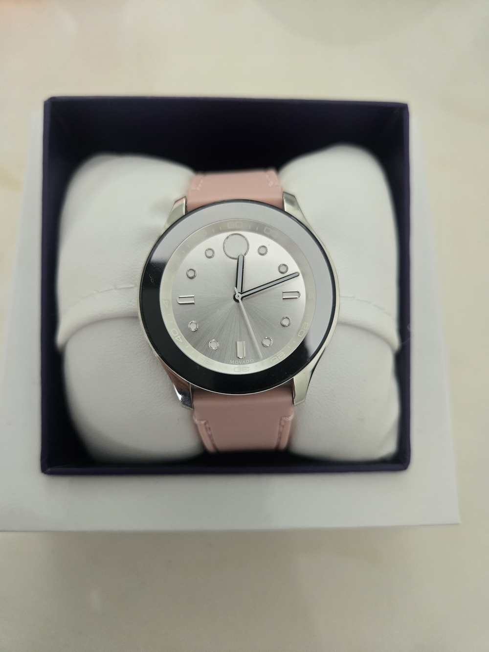 Movado Bold Minimalist Silver Dial Watch with Pink Strap - Needs New Battery
